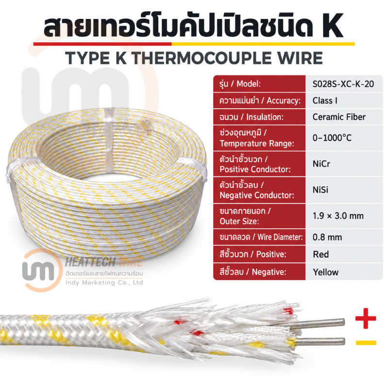 สายเทอร์โมคัปเปิ้ล Type K รุ่น XC-K-20-FBG ฉนวน Ceramic Fiber ทนอุณหภูมิ 1000 องศาเซลเซียส